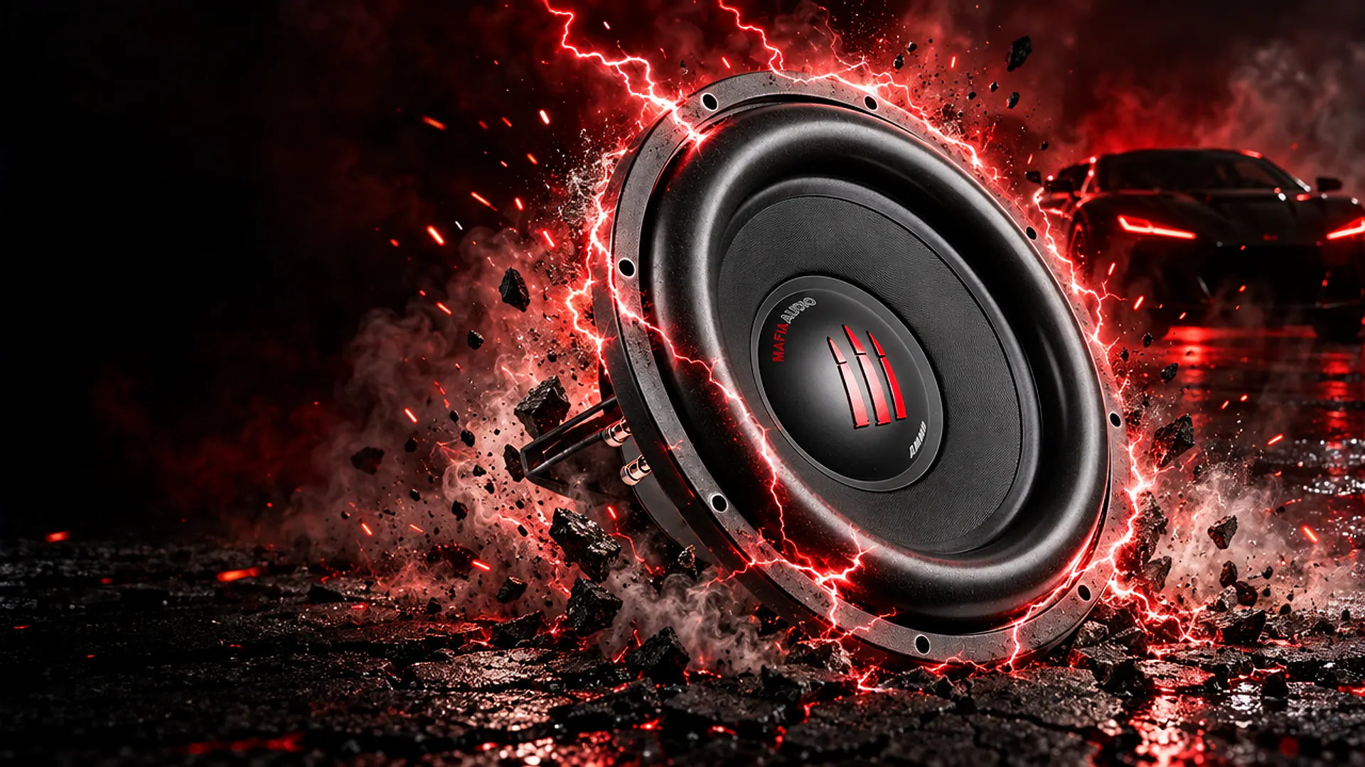 AMMO 1215 subwoofer surrounded by red lightning